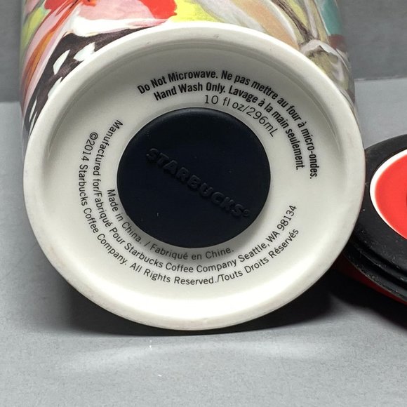 Starbucks 2014 Watercolor Floral 10 oz Ceramic Traveler Tumbler Mug Red Lid - Picture 9 of 12